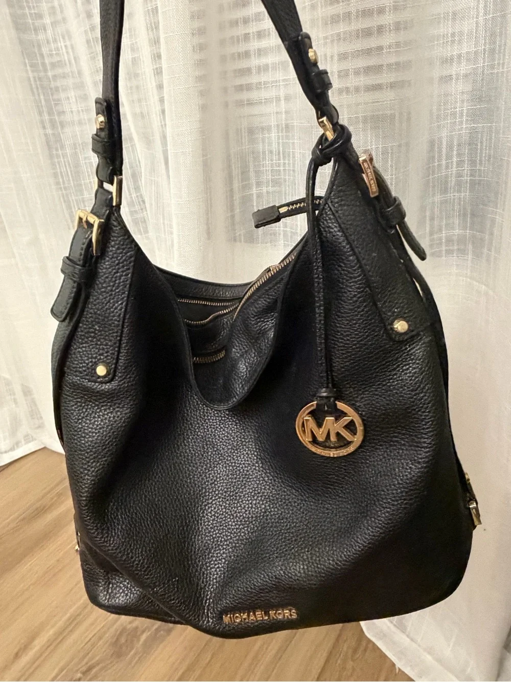 Michael Kors Black Pebbled Leather Hobo Shoulder Bag with Gold MK Charm